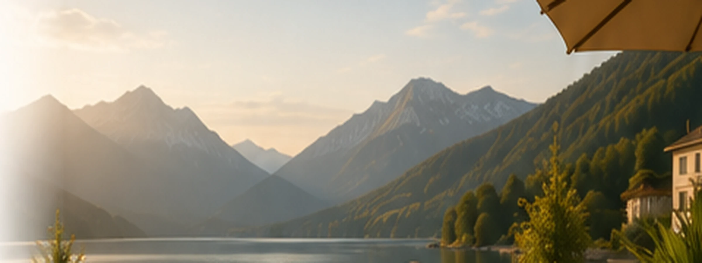 Österreichischer See mit Alpenlandschaft im warmen Morgenlicht