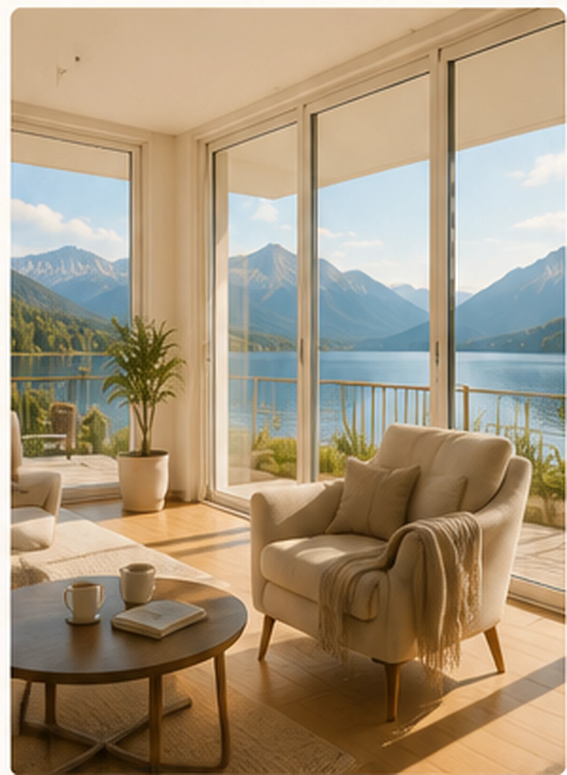 Helle Wohnung mit großen Fenstern und Blick auf einen österreichischen See